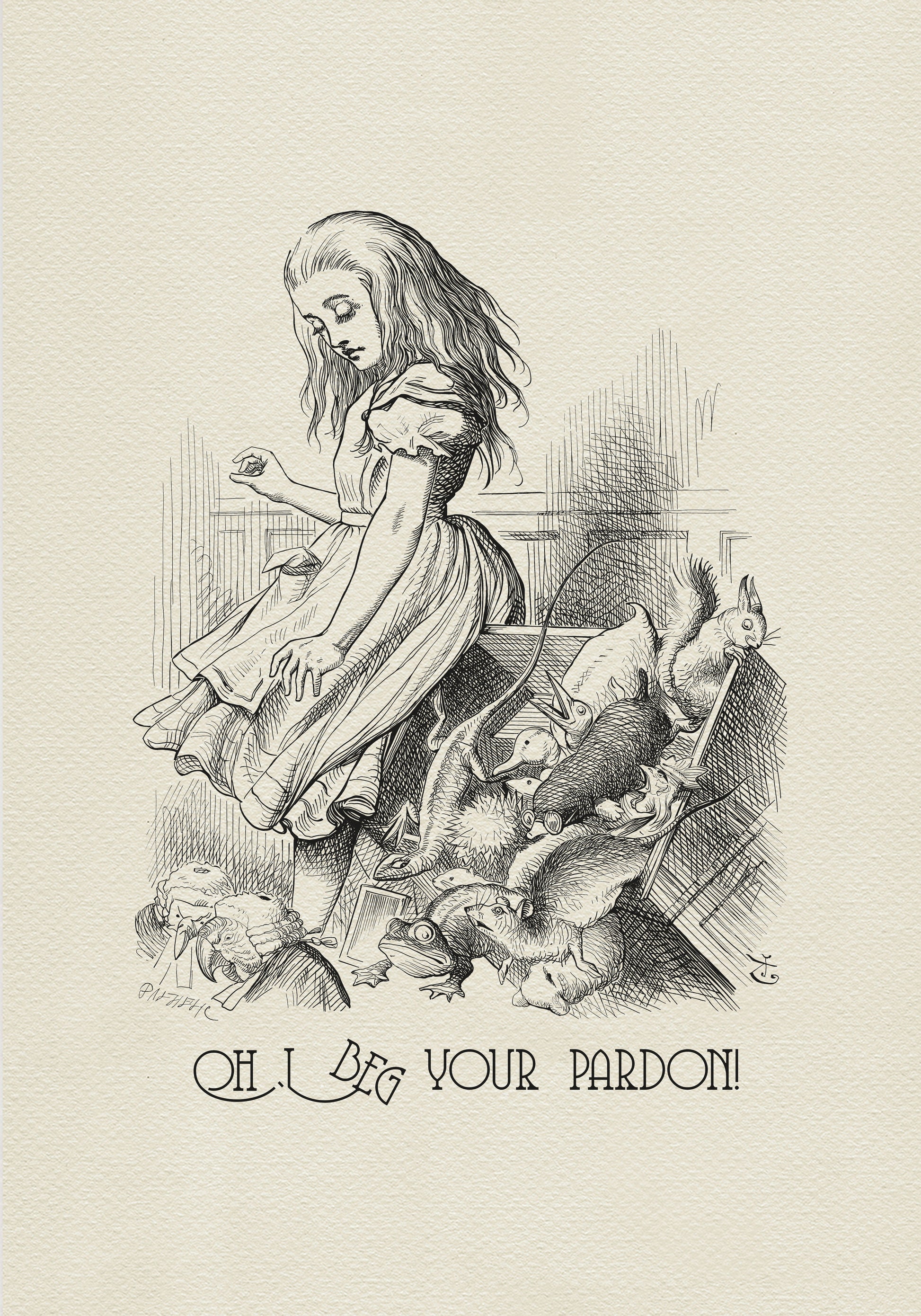 An illustration from Alice in Wonderland, featuring a young woman in a dress looking down at a collection of animals. The text "Oh, I beg your pardon!" is at the bottom. The artwork is in black and white.