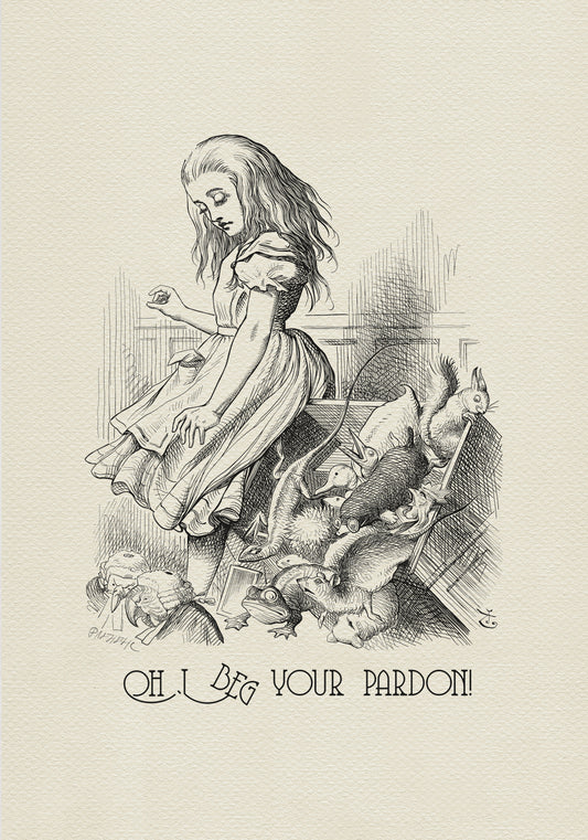 An illustration from Alice in Wonderland, featuring a young woman in a dress looking down at a collection of animals. The text "Oh, I beg your pardon!" is at the bottom. The artwork is in black and white.