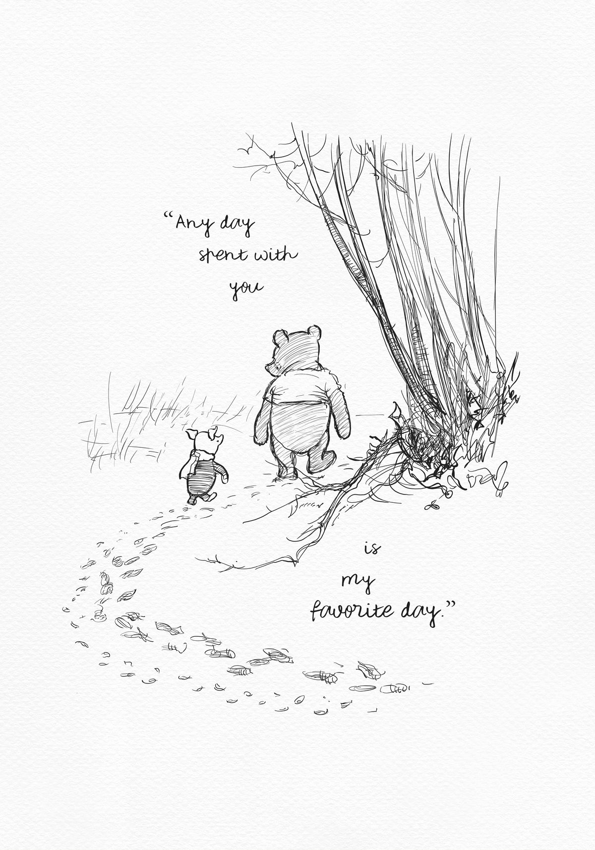 A black and white illustration of Winnie the Pooh and Piglet walking in the woods. The text reads 'As soon as I saw you, I knew a grand adventure was about to happen.' The background is a light beige vintage color.