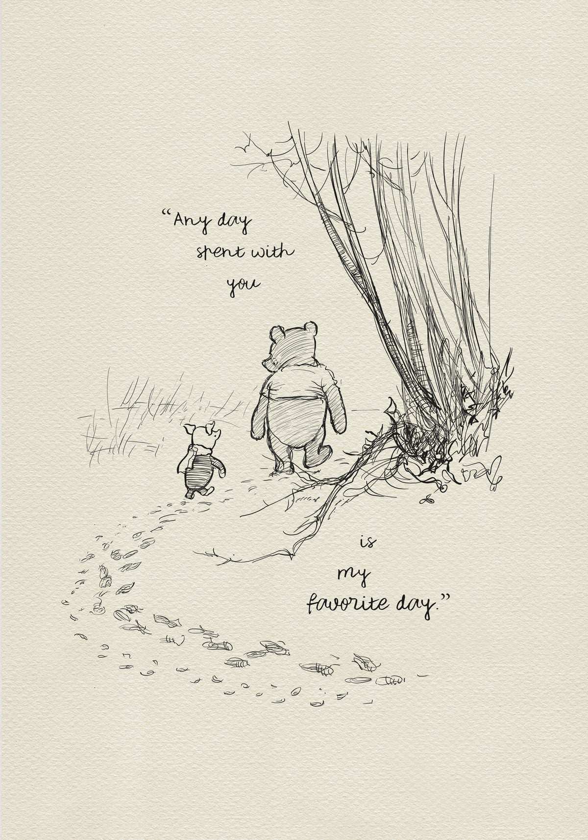 A black and white illustration of Winnie the Pooh and Piglet walking in the woods. The text reads 'As soon as I saw you, I knew a grand adventure was about to happen.' The background is a light beige vintage color.