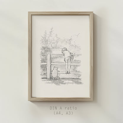 Classic Winnie the Pooh Artwork, Hand-Redrawn EH Shepard Sketch, Poohsticks Theme
