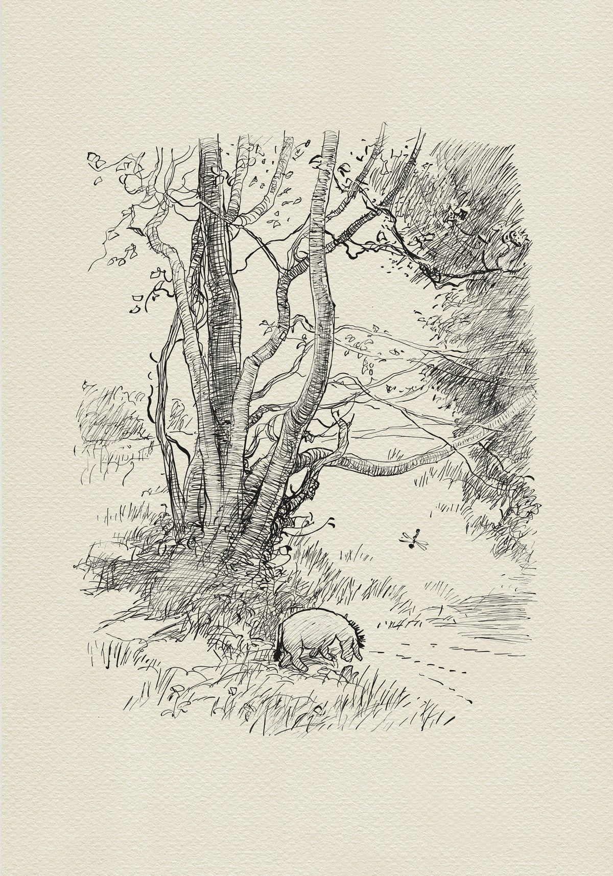 A black and white line drawing of Eeyore walking through a forest. The donkey is standing on a path and there are trees on either side of the path. The donkey is standing towards the right side of the image. There is a dragonfly flying in the air above the Eeyore.