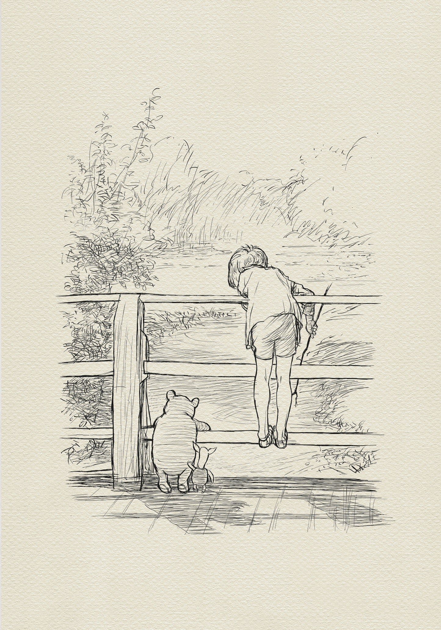 A black-and-white drawing of Christopher Robin, Winnie the Pooh and Piglet standing on a wooden bridge. Christopher Robin is leaning over the bridge railing, looking over the fence at the river. They are probably playing Poohsticks game.