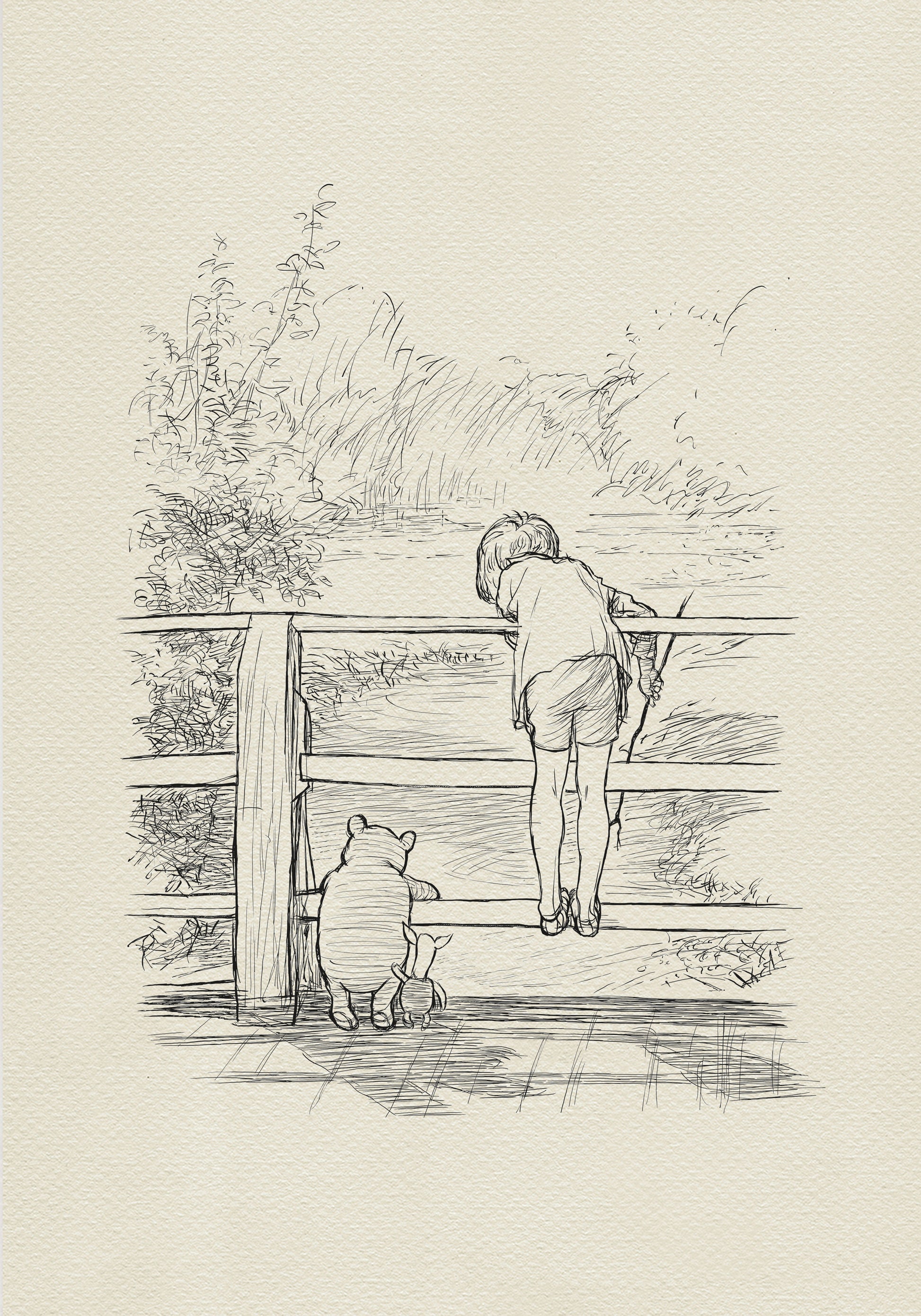 A black-and-white drawing of Christopher Robin, Winnie the Pooh and Piglet standing on a wooden bridge. Christopher Robin is leaning over the bridge railing, looking over the fence at the river. They are probably playing Poohsticks game.