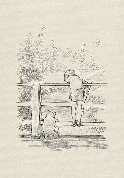 A black-and-white drawing of Christopher Robin, Winnie the Pooh and Piglet standing on a wooden bridge. Christopher Robin is leaning over the bridge railing, looking over the fence at the river. They are probably playing Poohsticks game.