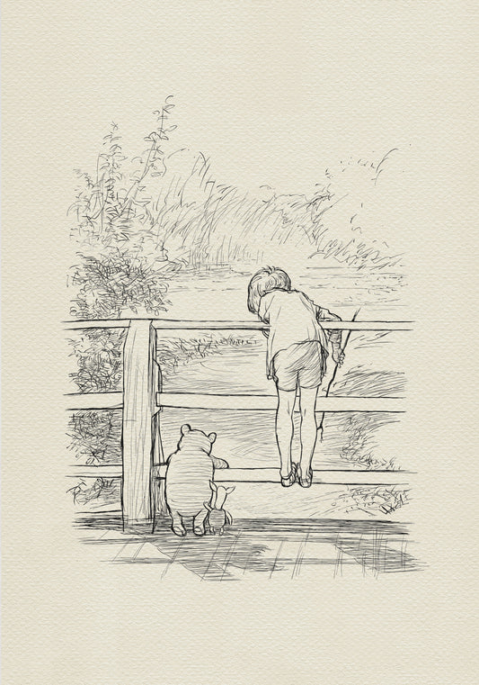 A black-and-white drawing of Christopher Robin, Winnie the Pooh and Piglet standing on a wooden bridge. Christopher Robin is leaning over the bridge railing, looking over the fence at the river. They are probably playing Poohsticks game.