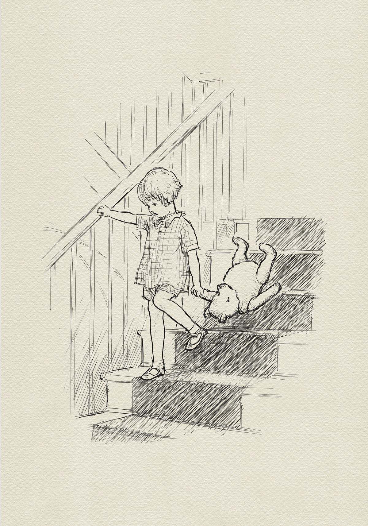 Illustration depicting Edward Bear and Christopher Robin descending a staircase—a timeless scene that begins the story of the inhabitants of the Hundred Acre Wood.  A boy is holding a teddy bear - Winnie the Pooh - that is lying on its back on the stairs.