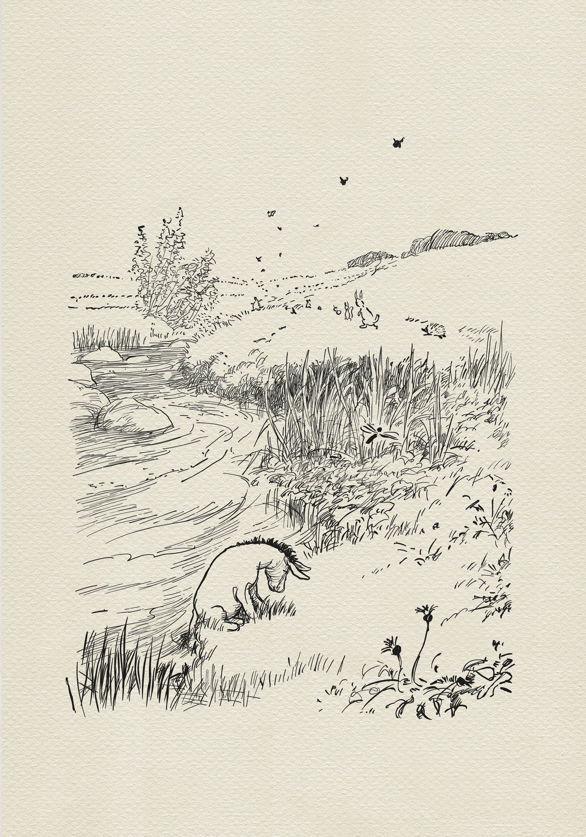 A black and white illustration of Eeyore the donkey sitting by a river. The donkey is looking down at the water. There are some small birds flying in the sky and a few small animals in the distance.