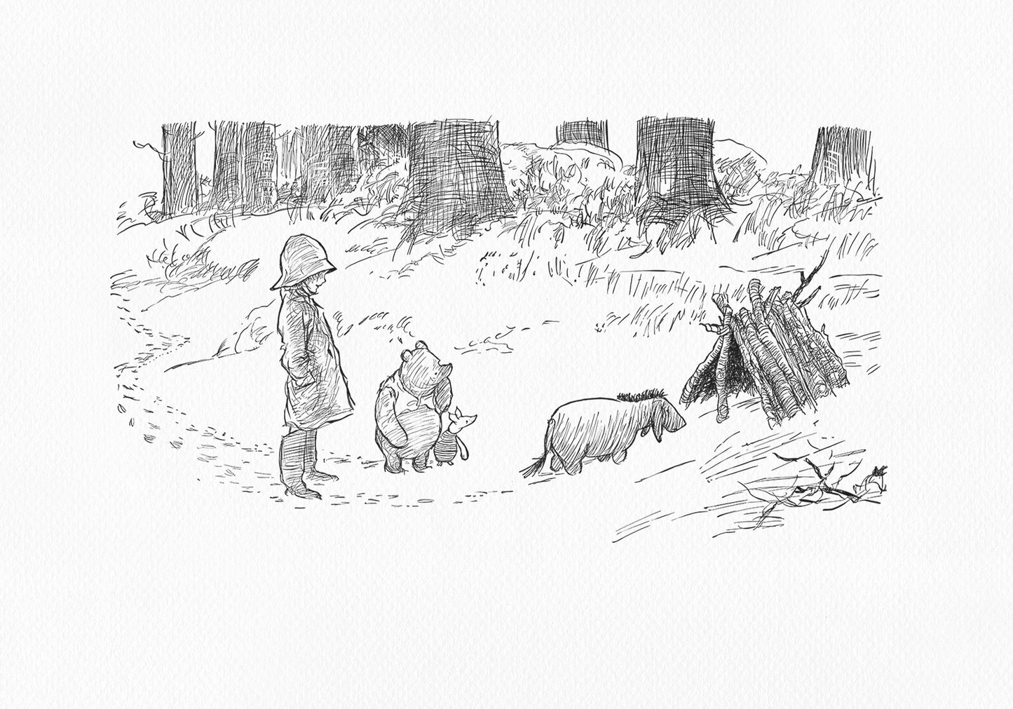 A black-and-white illustration depicting Christopher Robin, Winnie-the-Pooh, Piglet, and Eeyore in a winter scene against a backdrop of massive tree trunks. The boy is wearing a hat and a coat. The donkey is standing in front of a hut made of branches.