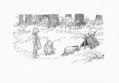 A black-and-white illustration depicting Christopher Robin, Winnie-the-Pooh, Piglet, and Eeyore in a winter scene against a backdrop of massive tree trunks. The boy is wearing a hat and a coat. The donkey is standing in front of a hut made of branches.