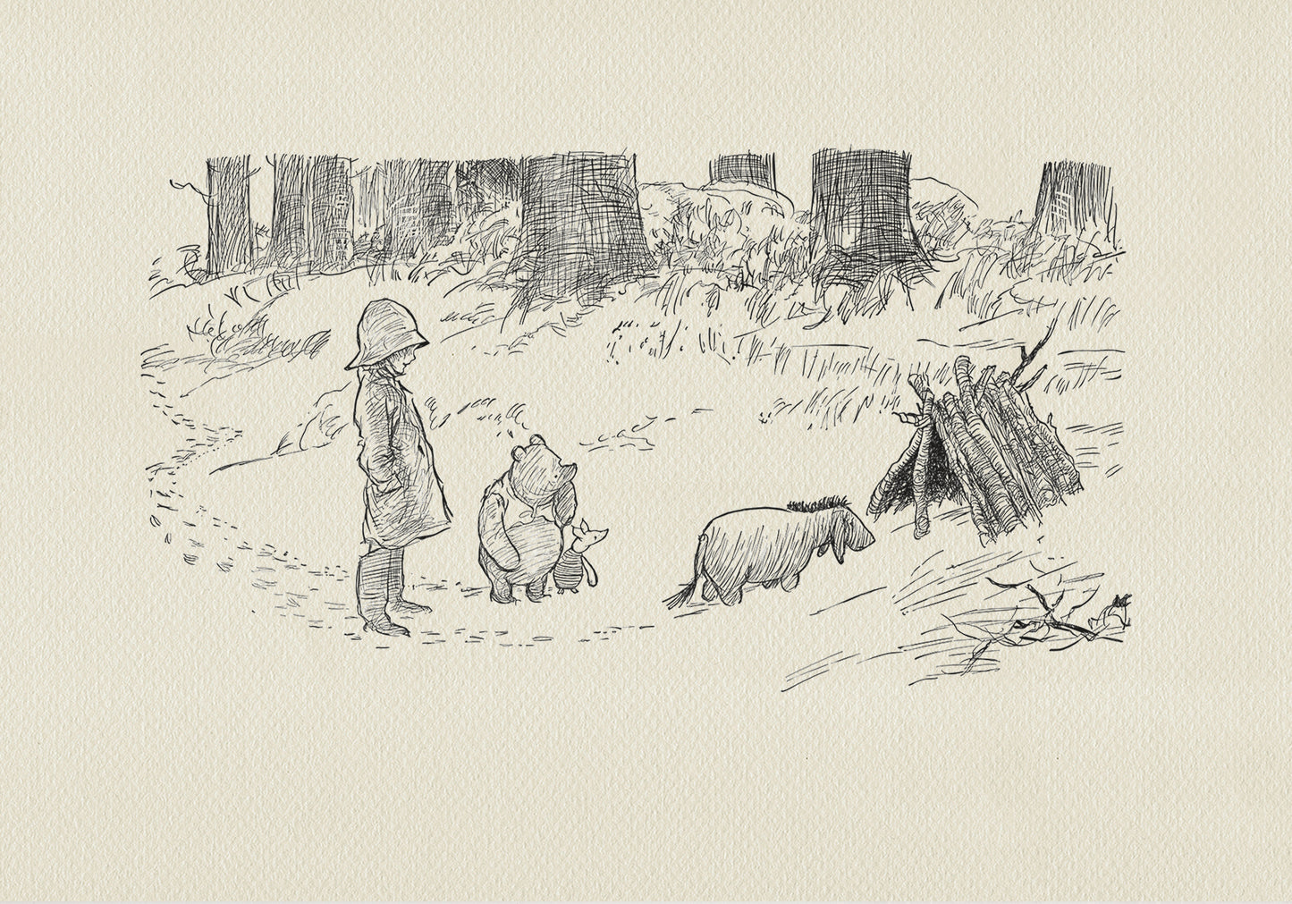 A black-and-white illustration depicting Christopher Robin, Winnie-the-Pooh, Piglet, and Eeyore in a winter scene against a backdrop of massive tree trunks. The boy is wearing a hat and a coat. The donkey is standing in front of a hut made of branches.