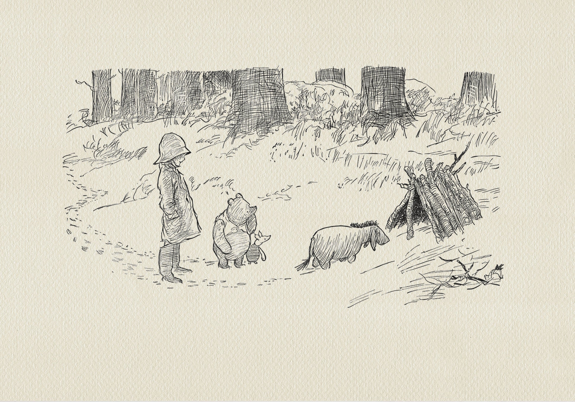A black-and-white illustration depicting Christopher Robin, Winnie-the-Pooh, Piglet, and Eeyore in a winter scene against a backdrop of massive tree trunks. The boy is wearing a hat and a coat. The donkey is standing in front of a hut made of branches.