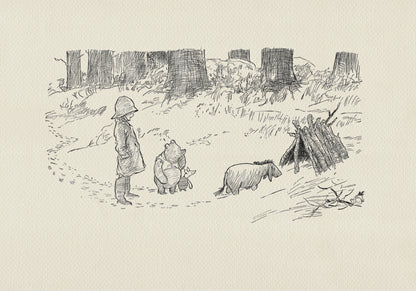 A black-and-white illustration depicting Christopher Robin, Winnie-the-Pooh, Piglet, and Eeyore in a winter scene against a backdrop of massive tree trunks. The boy is wearing a hat and a coat. The donkey is standing in front of a hut made of branches.