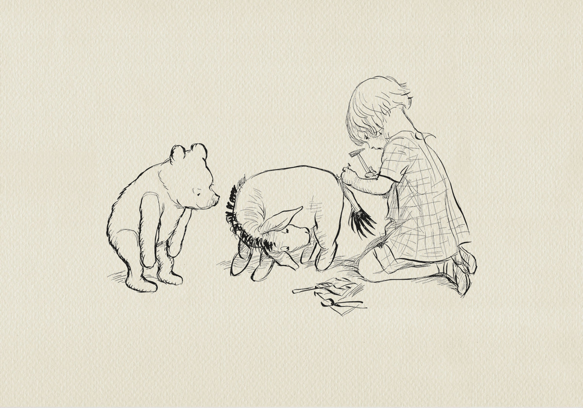 A black and white line drawing of Christopher Robin, Winnie the Pooh and Pigle. The coy is sitting on the ground and using a hammer to fix Eeyore's tail. Winnie the Pooh and Piglet are standing and watching.