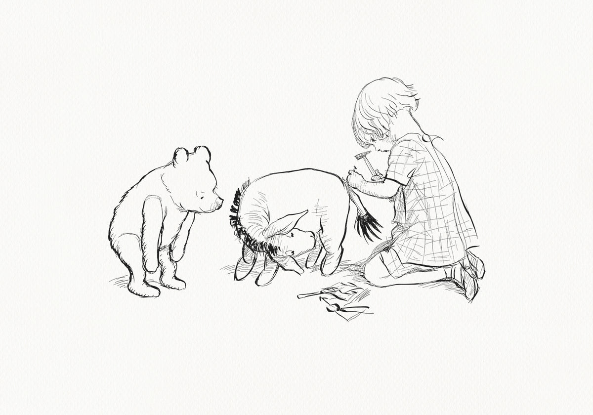 A black and white line drawing of Christopher Robin, Winnie the Pooh and Pigle. The coy is sitting on the ground and using a hammer to fix Eeyore's tail. Winnie the Pooh and Piglet are standing and watching.