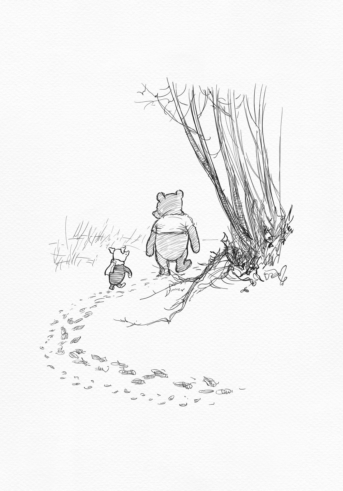 A black-and-white drawing of Winnie the Pooh and Piglet, set in a winter scene, walking side by side through the Hundred Acre Wood. They appear to be talking to each other because their heads are turned toward each other. Behind them, two rows of footprints in the snow are visible. To the right of the image, a large bush can be seen.
