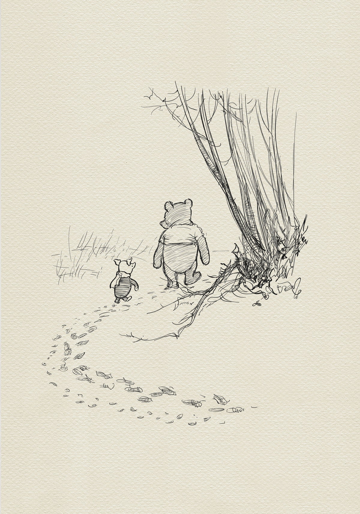 A black-and-white drawing of Winnie the Pooh and Piglet, set in a winter scene, walking side by side through the Hundred Acre Wood. They appear to be talking to each other because their heads are turned toward each other. Behind them, two rows of footprints in the snow are visible. To the right of the image, a large bush can be seen.