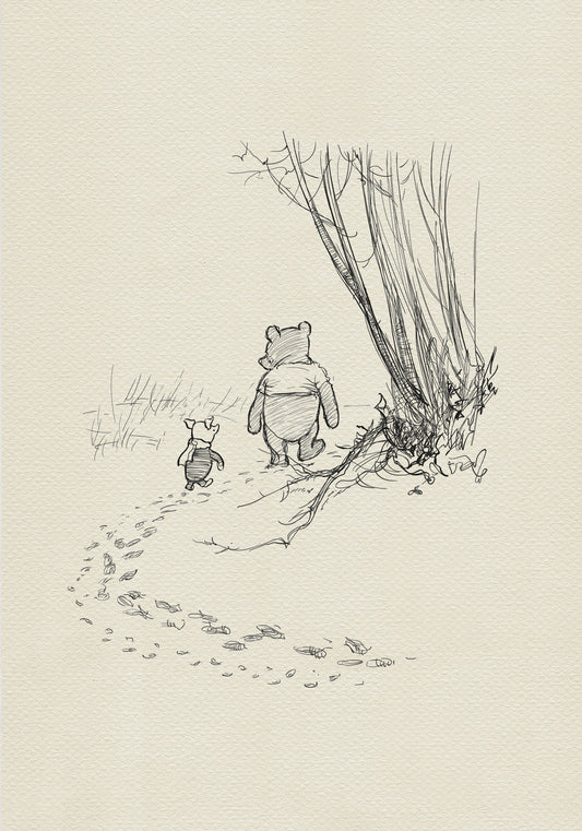 A black-and-white drawing of Winnie the Pooh and Piglet, set in a winter scene, walking side by side through the Hundred Acre Wood. They appear to be talking to each other because their heads are turned toward each other. Behind them, two rows of footprints in the snow are visible. To the right of the image, a large bush can be seen.
