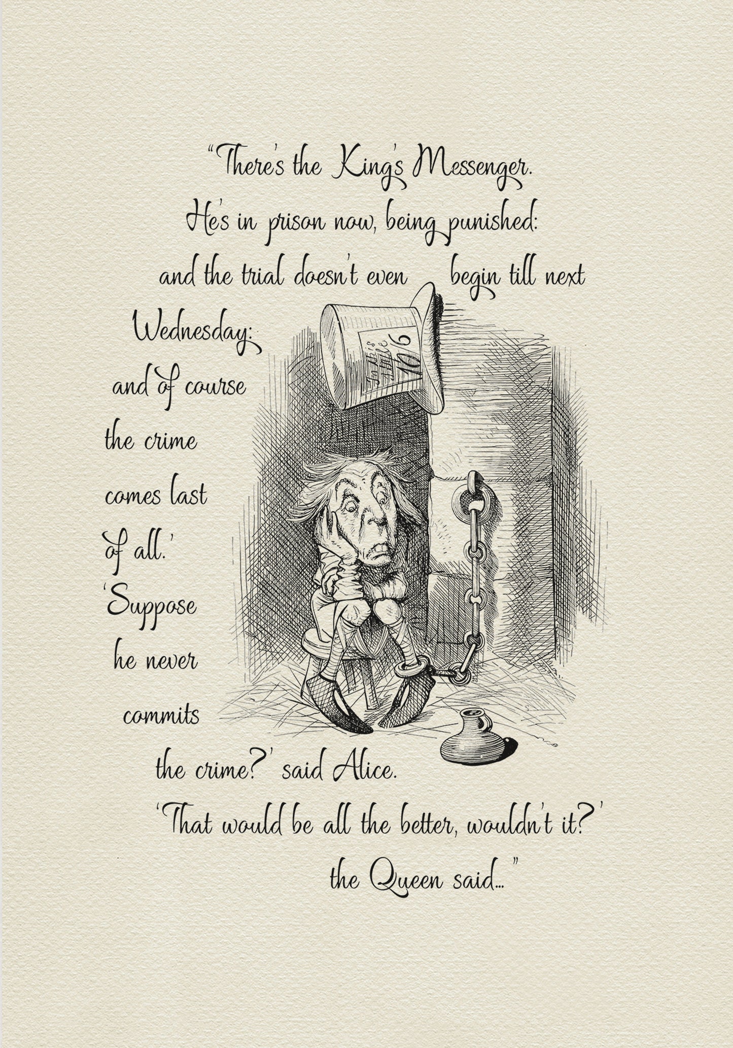 Black and white illustration from "Through the Looking Glass" featuring a King's Messenger in prison. Text includes quote There's the King's Messenger. He's in prison now, being punished..." A top hat hangs above the character.
