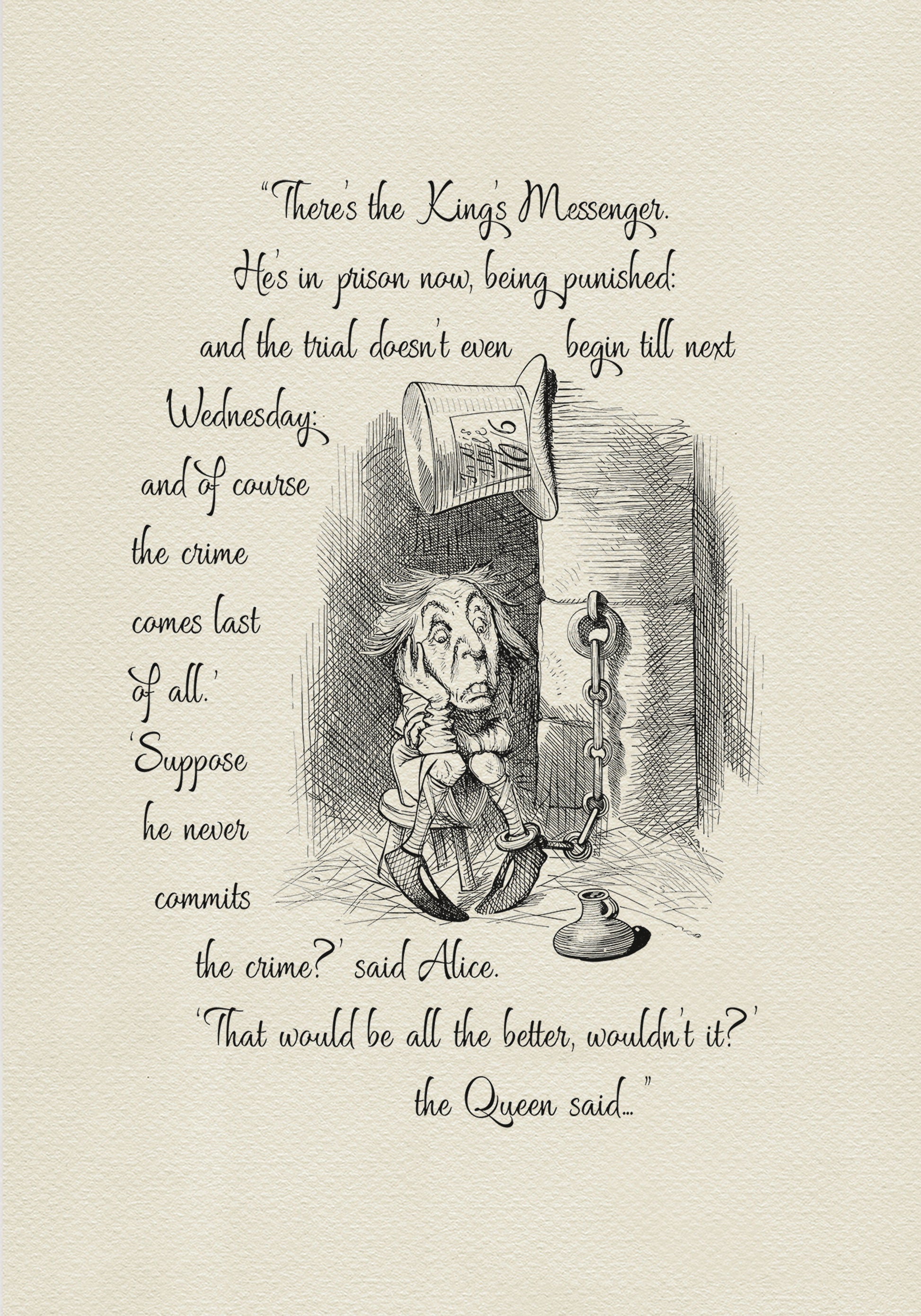 Black and white illustration from "Through the Looking Glass" featuring a King's Messenger in prison. Text includes quote There's the King's Messenger. He's in prison now, being punished..." A top hat hangs above the character.