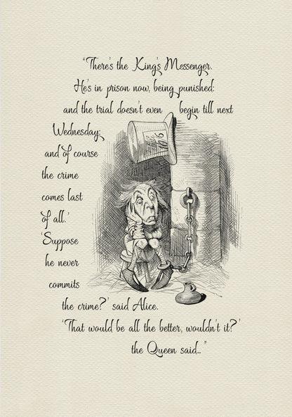 Black and white illustration from "Through the Looking Glass" featuring a King's Messenger in prison. Text includes quote There's the King's Messenger. He's in prison now, being punished..." A top hat hangs above the character.