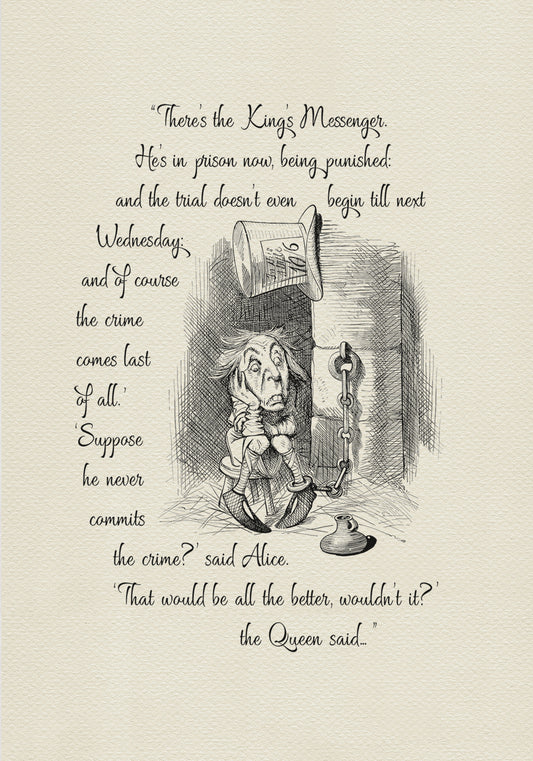 Black and white illustration from "Through the Looking Glass" featuring a King's Messenger in prison. Text includes quote There's the King's Messenger. He's in prison now, being punished..." A top hat hangs above the character.