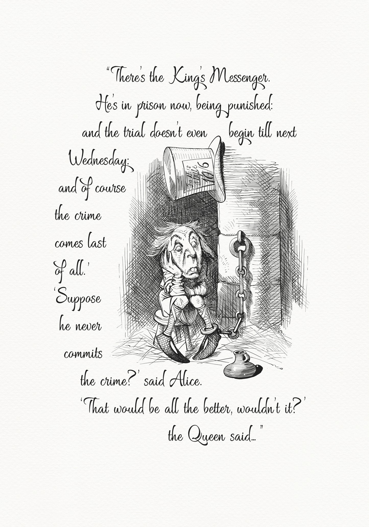 Black and white illustration from "Through the Looking Glass" featuring a King's Messenger in prison. Text includes quote There's the King's Messenger. He's in prison now, being punished..." A top hat hangs above the character.