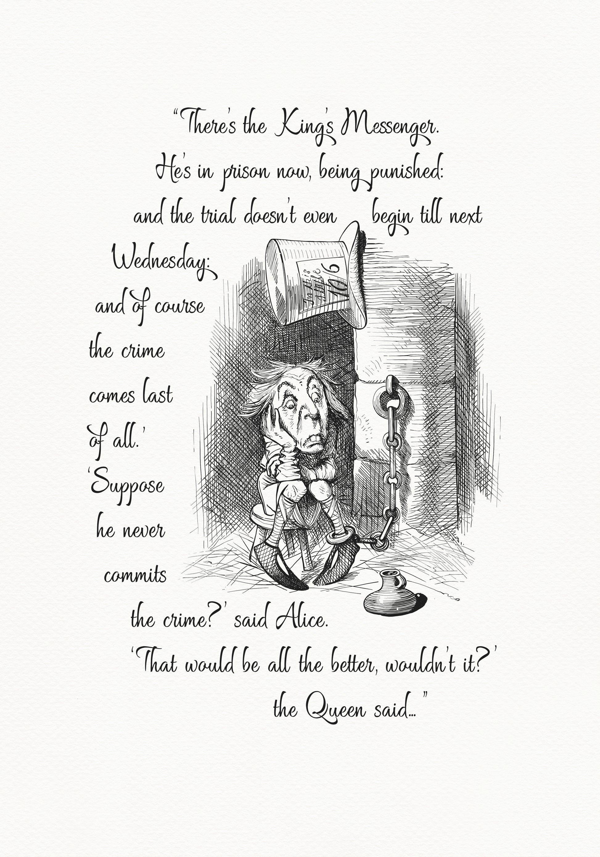 Black and white illustration from "Through the Looking Glass" featuring a King's Messenger in prison. Text includes quote There's the King's Messenger. He's in prison now, being punished..." A top hat hangs above the character.