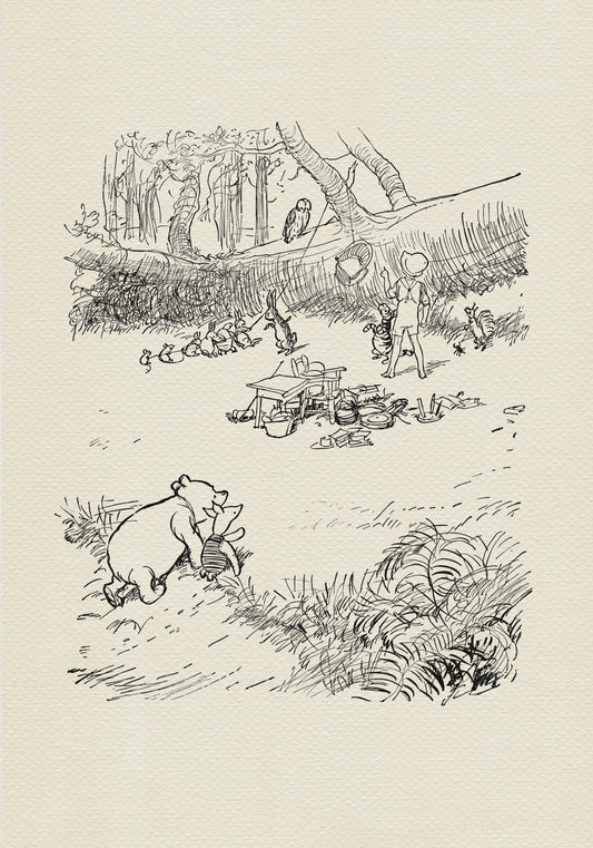 A black-and-white drawing of Winnie the Pooh and Piglet hiding in the bushes. In the background, a group of animals gathers around a large fallen tree. Christopher Robin stands in the background, watching the animals.