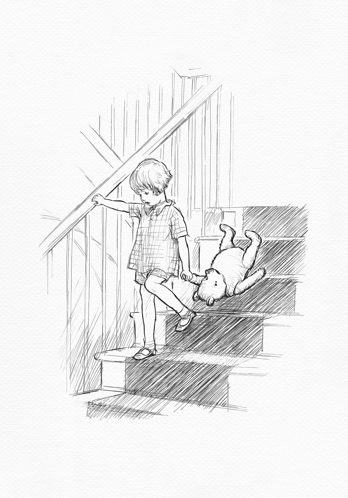 Illustration depicting Edward Bear and Christopher Robin descending a staircase—a timeless scene that begins the story of the inhabitants of the Hundred Acre Wood.  A boy is holding a teddy bear - Winnie the Pooh - that is lying on its back on the stairs.