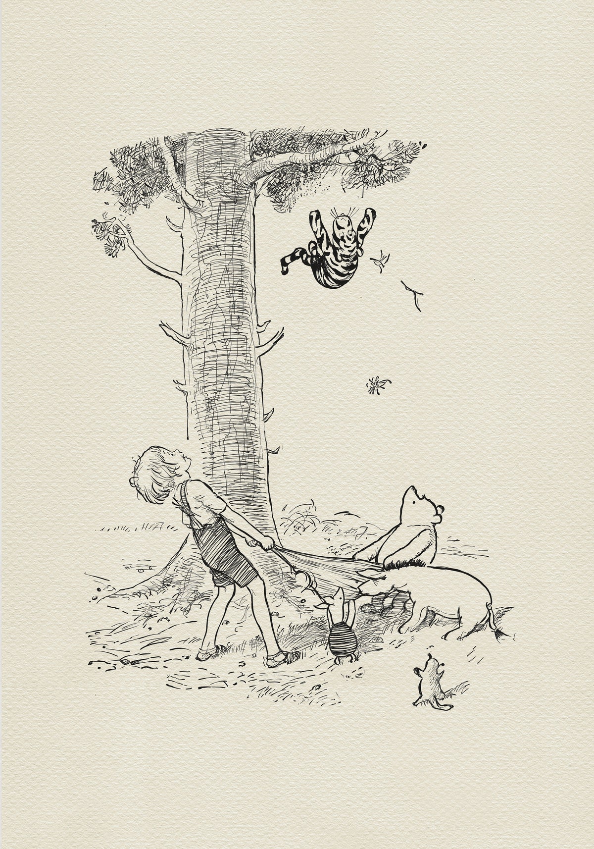 A black-and-white illustration showing Christopher Robin, Winnie-the-Pooh, Eeyore, and Piglet standing under a tree and holding out a sheet to catch Tigger, who is falling from the tree.  Roo is standing next to them.