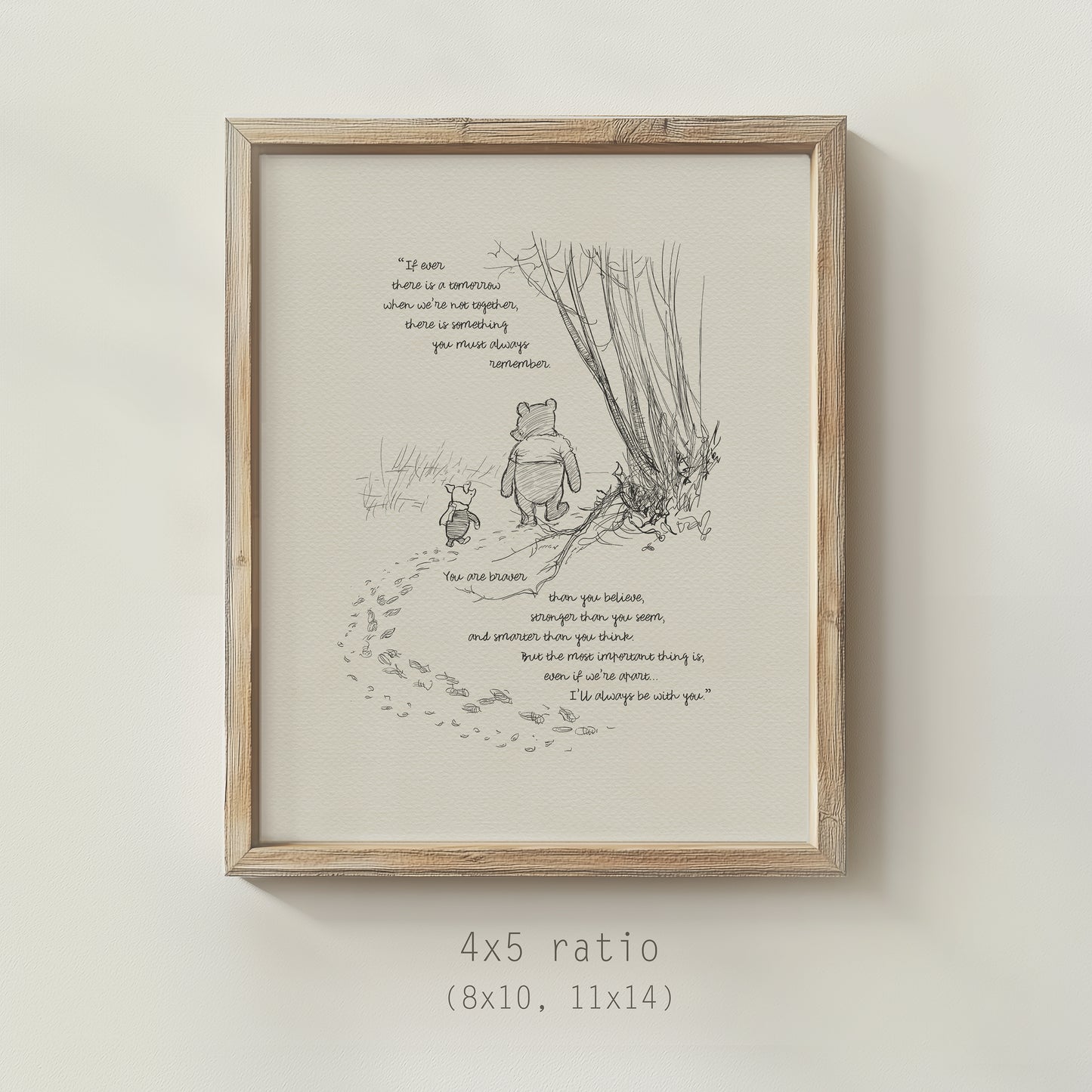 Winnie the Pooh Wall Art Print Inspirational Quote, Vintage Style Illustration for Friendship & Courage