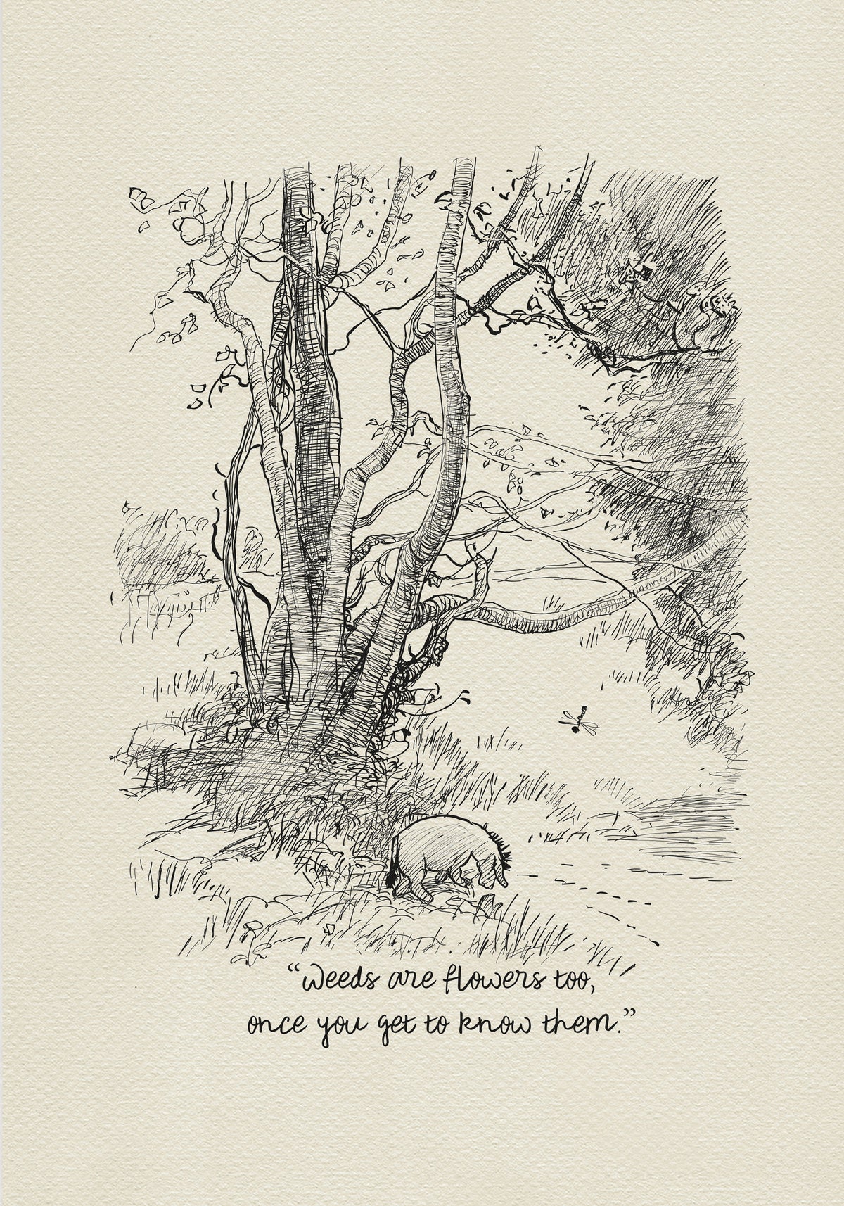 A black-and-white drawing depicting Eeyore the donkey standing under a tree. The donkey is looking down at the ground. The tree has many branches and leaves. The drawing is set against a light beige background. Underneath the drawing of Eeyore is the inscription: “Weeds are flowers too, if you get to know them better.”