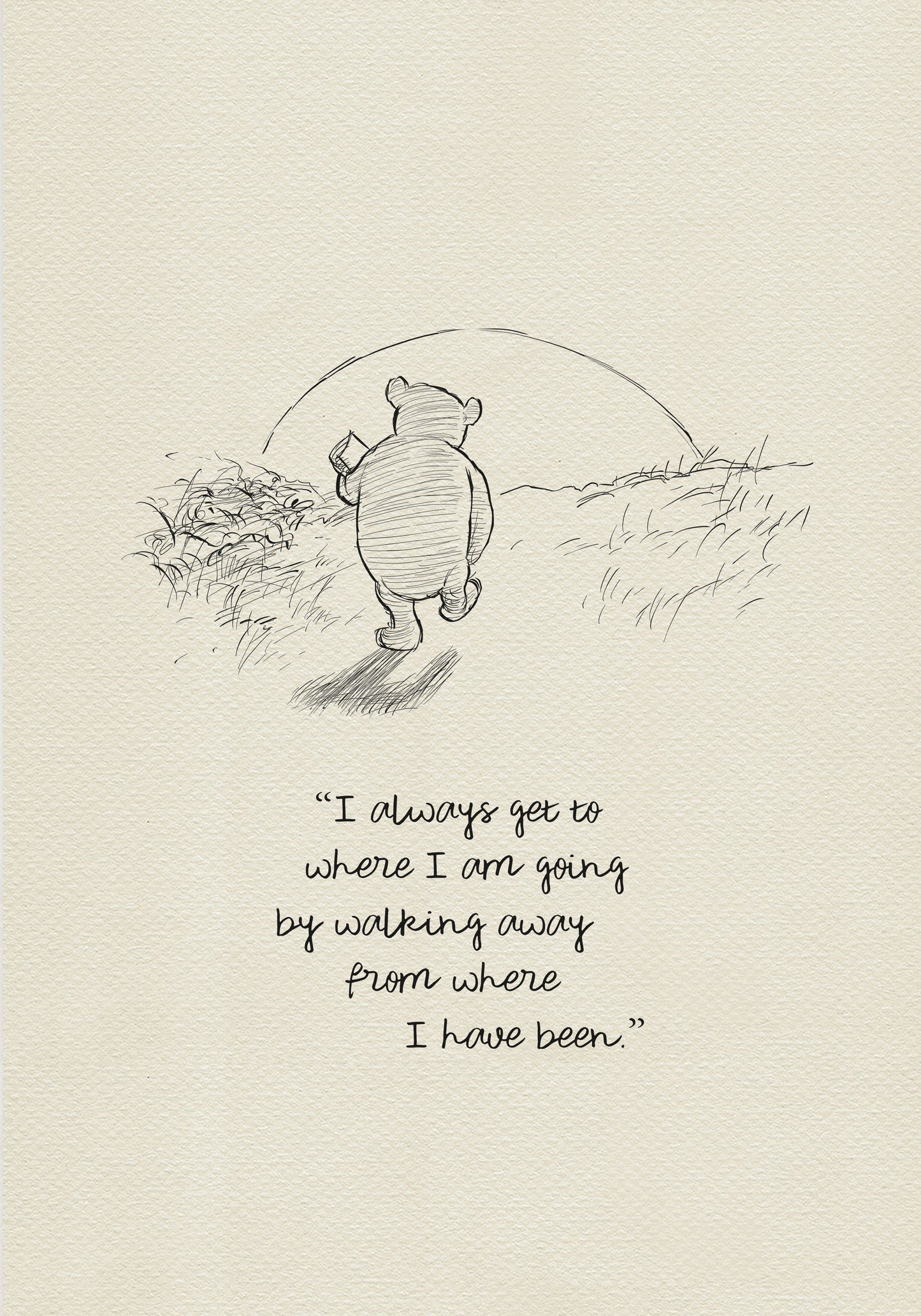 A black-and-white drawing based on a sketch by E. H. Shepard for A. A. Milne’s book *Winnie-the-Pooh*, depicting Winnie-the-Pooh walking toward the setting sun with a pot of honey under his arm. The quote 'I always get to where I am going by walking away from where I have been.' is below the drawing.