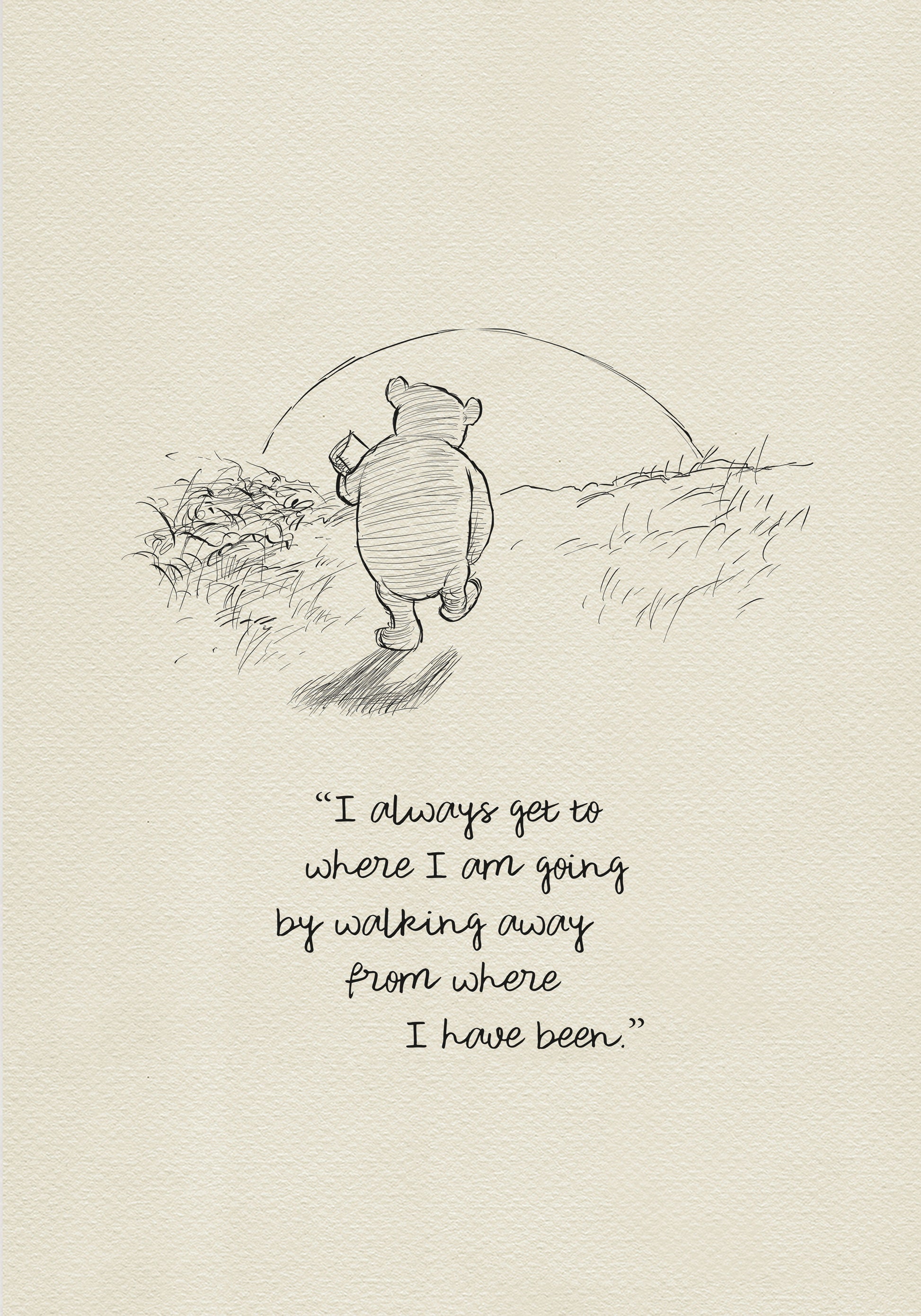 A black-and-white drawing based on a sketch by E. H. Shepard for A. A. Milne’s book *Winnie-the-Pooh*, depicting Winnie-the-Pooh walking toward the setting sun with a pot of honey under his arm. The quote 'I always get to where I am going by walking away from where I have been.' is below the drawing.