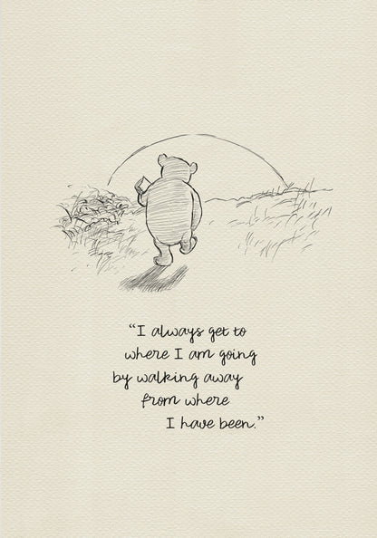 A black-and-white drawing based on a sketch by E. H. Shepard for A. A. Milne’s book *Winnie-the-Pooh*, depicting Winnie-the-Pooh walking toward the setting sun with a pot of honey under his arm. The quote 'I always get to where I am going by walking away from where I have been.' is below the drawing.