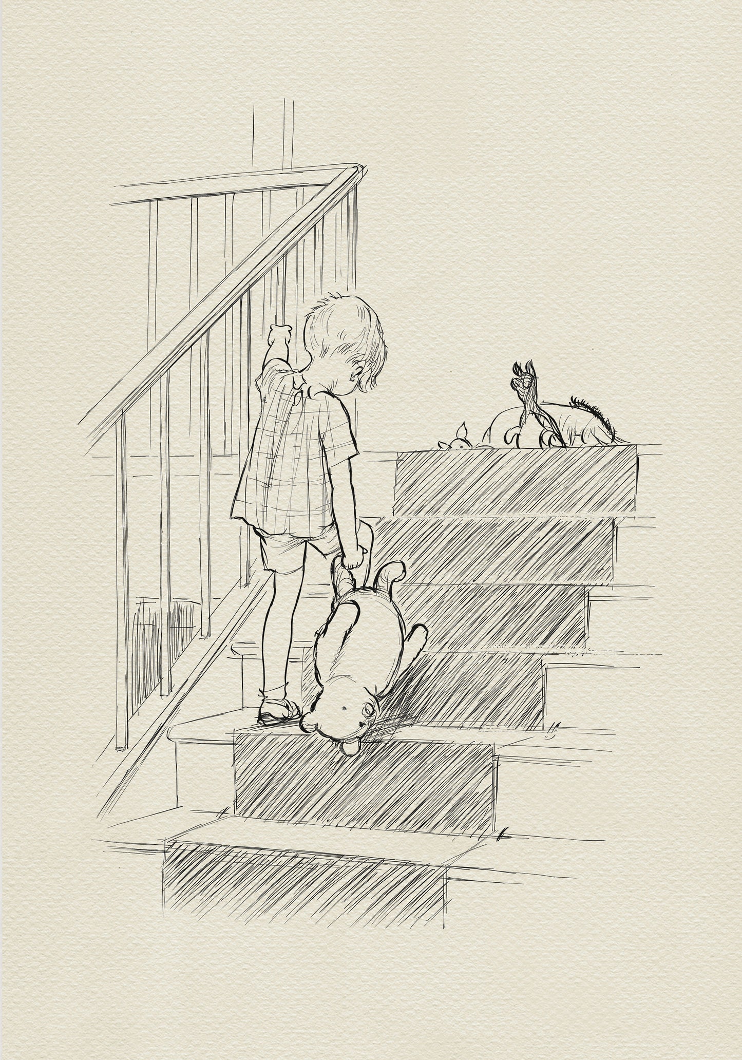 A black and white line drawing Christopher Robin climbing the stairsand  holding a teddy bear. The child is looking up and reaching out with their right hand. The teddy bear is upside down and the child is holding it by the feet. There is a small animal on the top of the stairs.