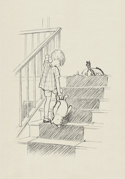 A black and white line drawing Christopher Robin climbing the stairsand  holding a teddy bear. The child is looking up and reaching out with their right hand. The teddy bear is upside down and the child is holding it by the feet. There is a small animal on the top of the stairs.