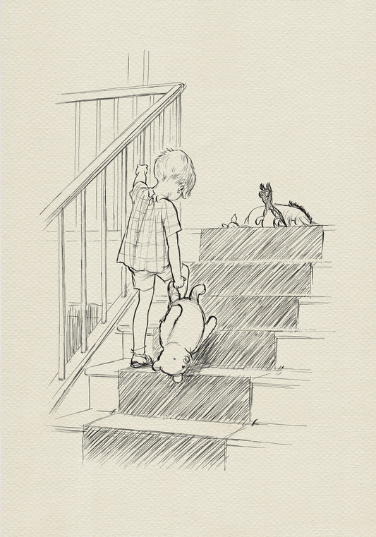 A black and white line drawing Christopher Robin climbing the stairsand  holding a teddy bear. The child is looking up and reaching out with their right hand. The teddy bear is upside down and the child is holding it by the feet. There is a small animal on the top of the stairs.