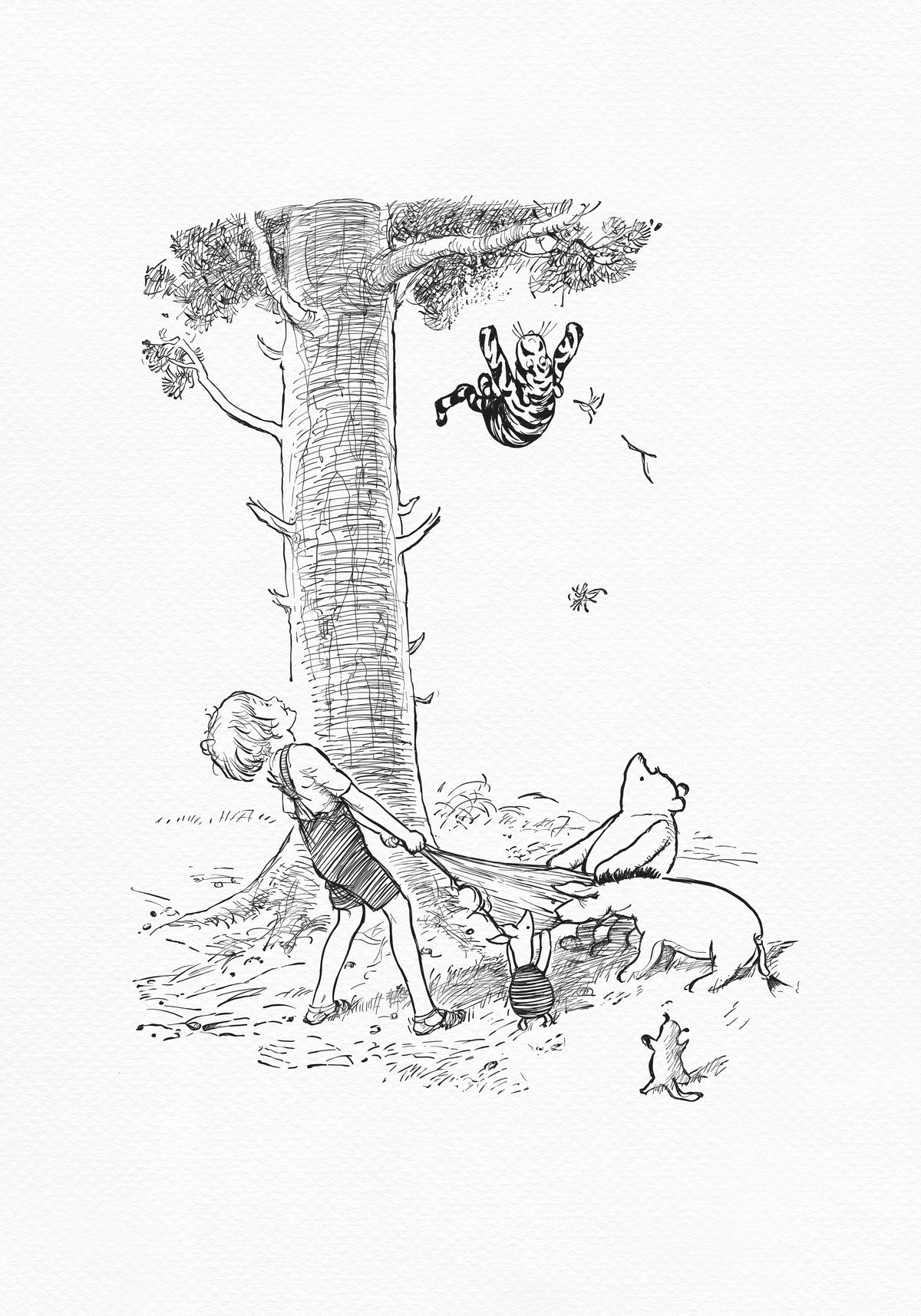 A black-and-white illustration showing Christopher Robin, Winnie-the-Pooh, Eeyore, and Piglet standing under a tree and holding out a sheet to catch Tigger, who is falling from the tree.  Roo is standing next to them.
