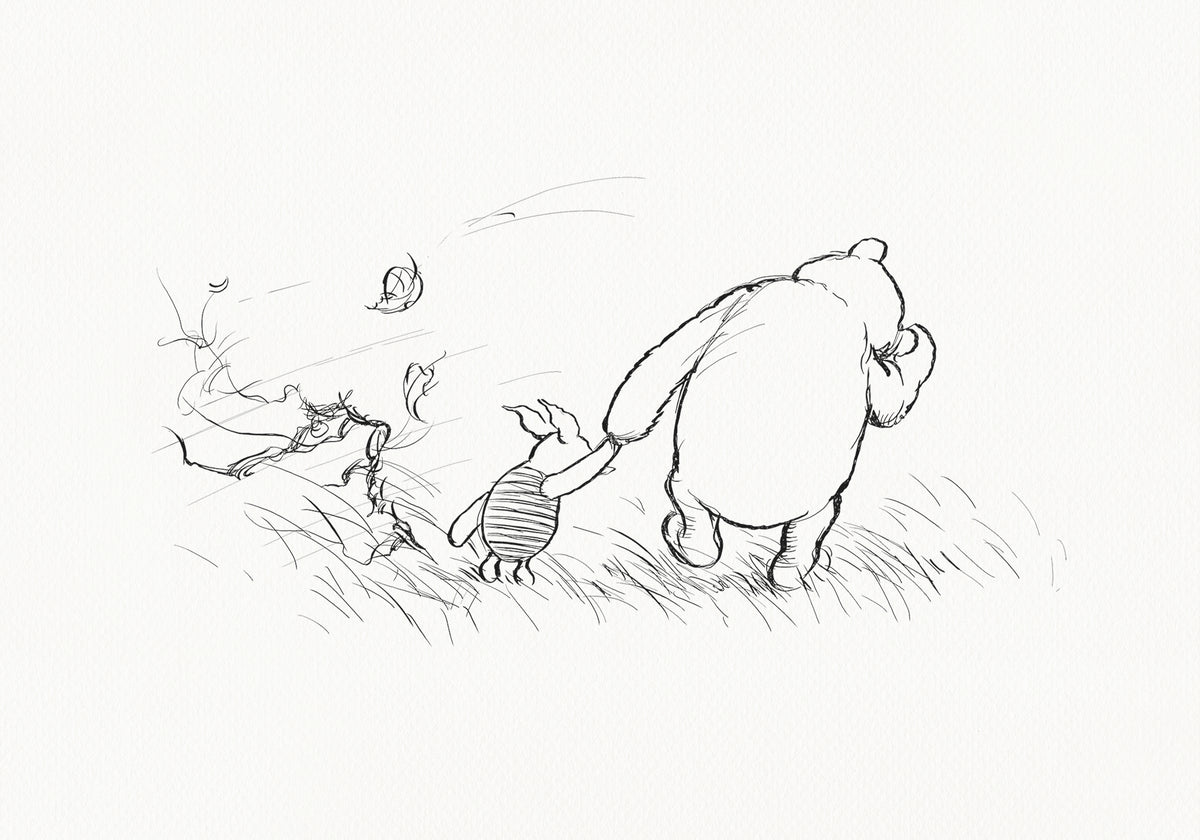 A black and white line drawing of Winnie the Pooh and Piglet walking through a field of grass. Leaves are blowing in the wind behind them.