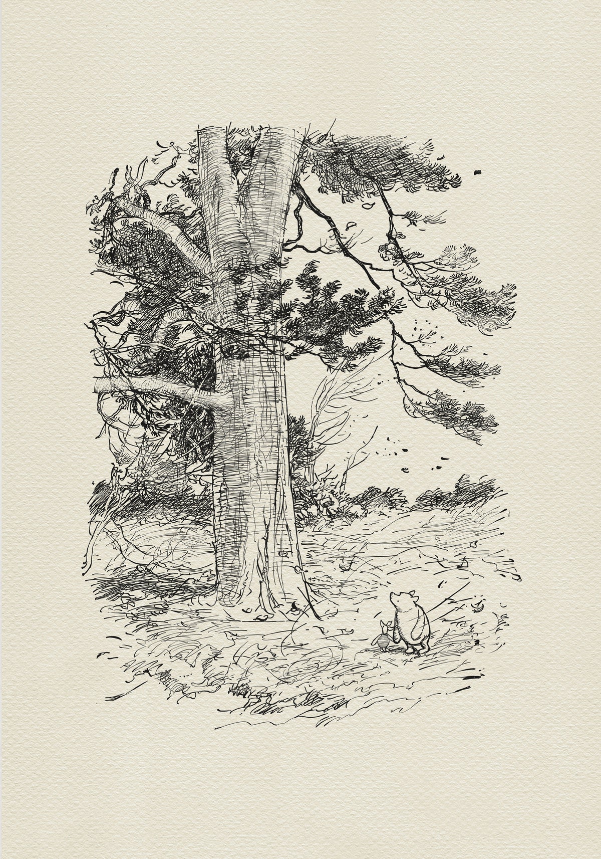 A black and white line drawing of Winnie the Pooh and Piglet standing in front of a large tree. The tree has many branches and leaves. The background is a light beige color.