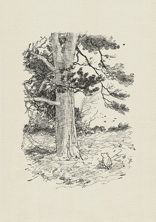A black and white line drawing of Winnie the Pooh and Piglet standing in front of a large tree. The tree has many branches and leaves. The background is a light beige color.