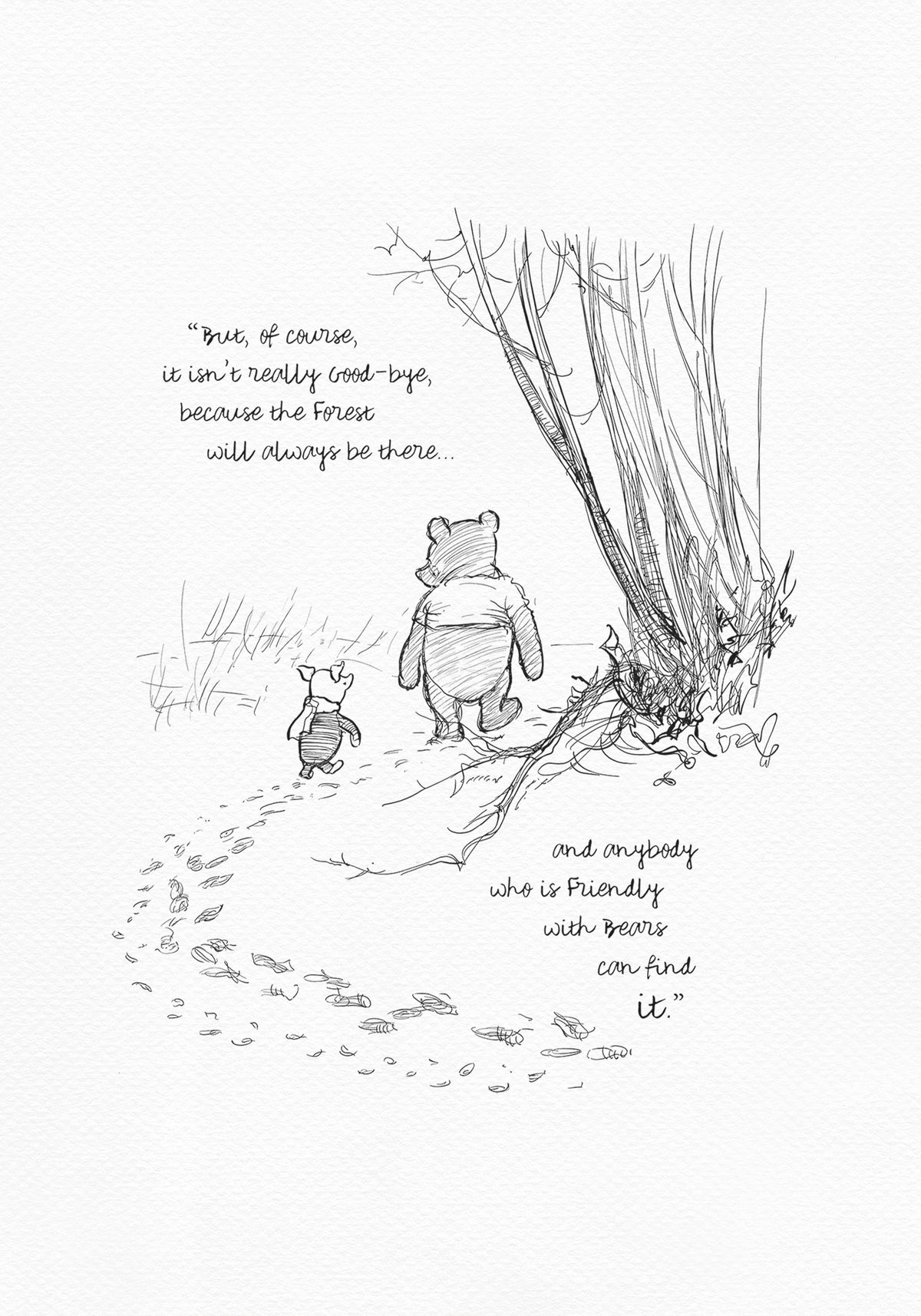 A black and white illustration of Winnie the Pooh and Piglet walking away from each other in a forest. The quote 'But, of course, it isn't really Good-bye, because the Forest will always be there.... and anybody who is Friendly with Bears can find it' is written below the illustration.