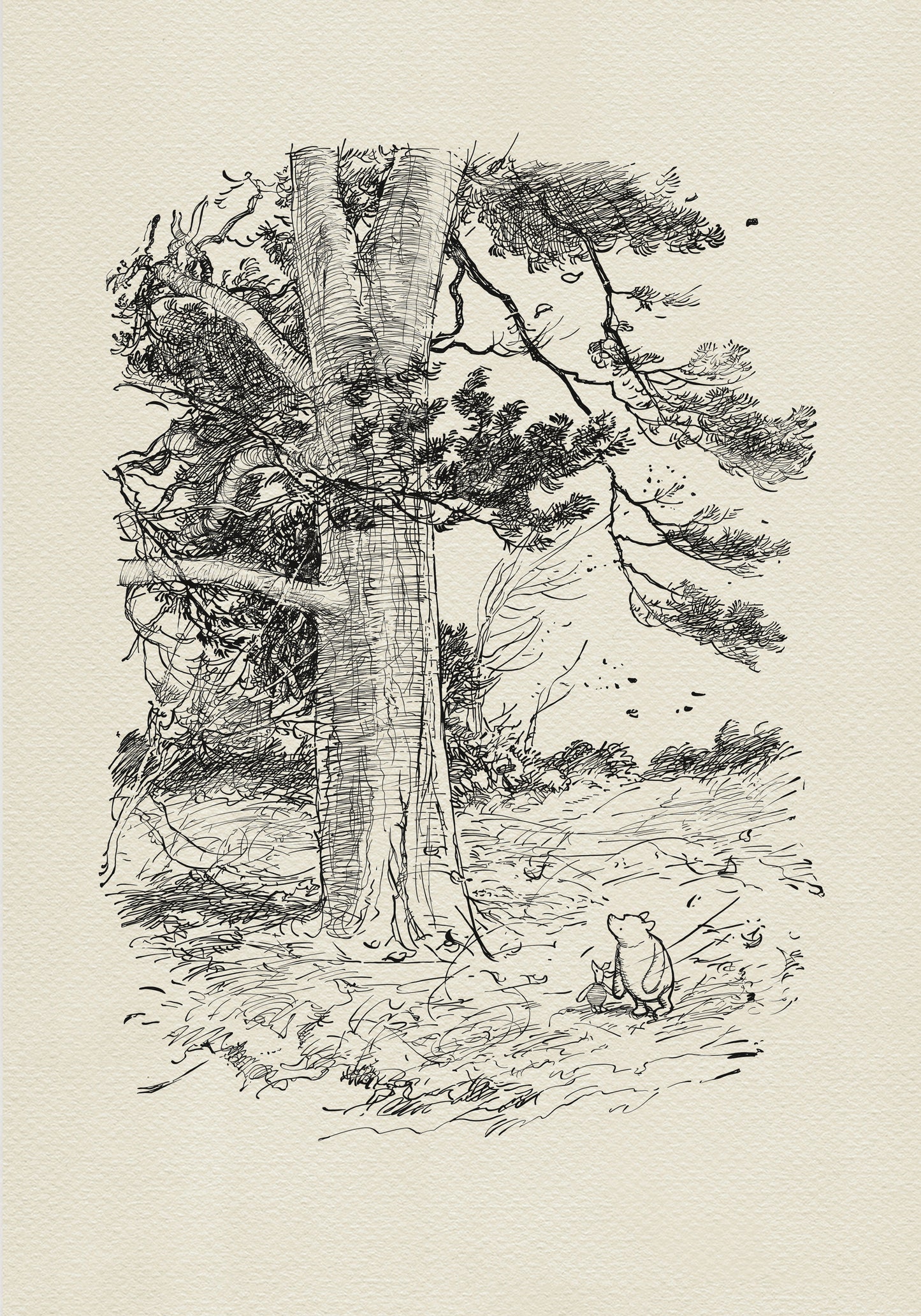 A black and white line drawing of Winnie the Pooh and Piglet standing in front of a large tree. The tree has many branches and leaves. The background is a light beige color.