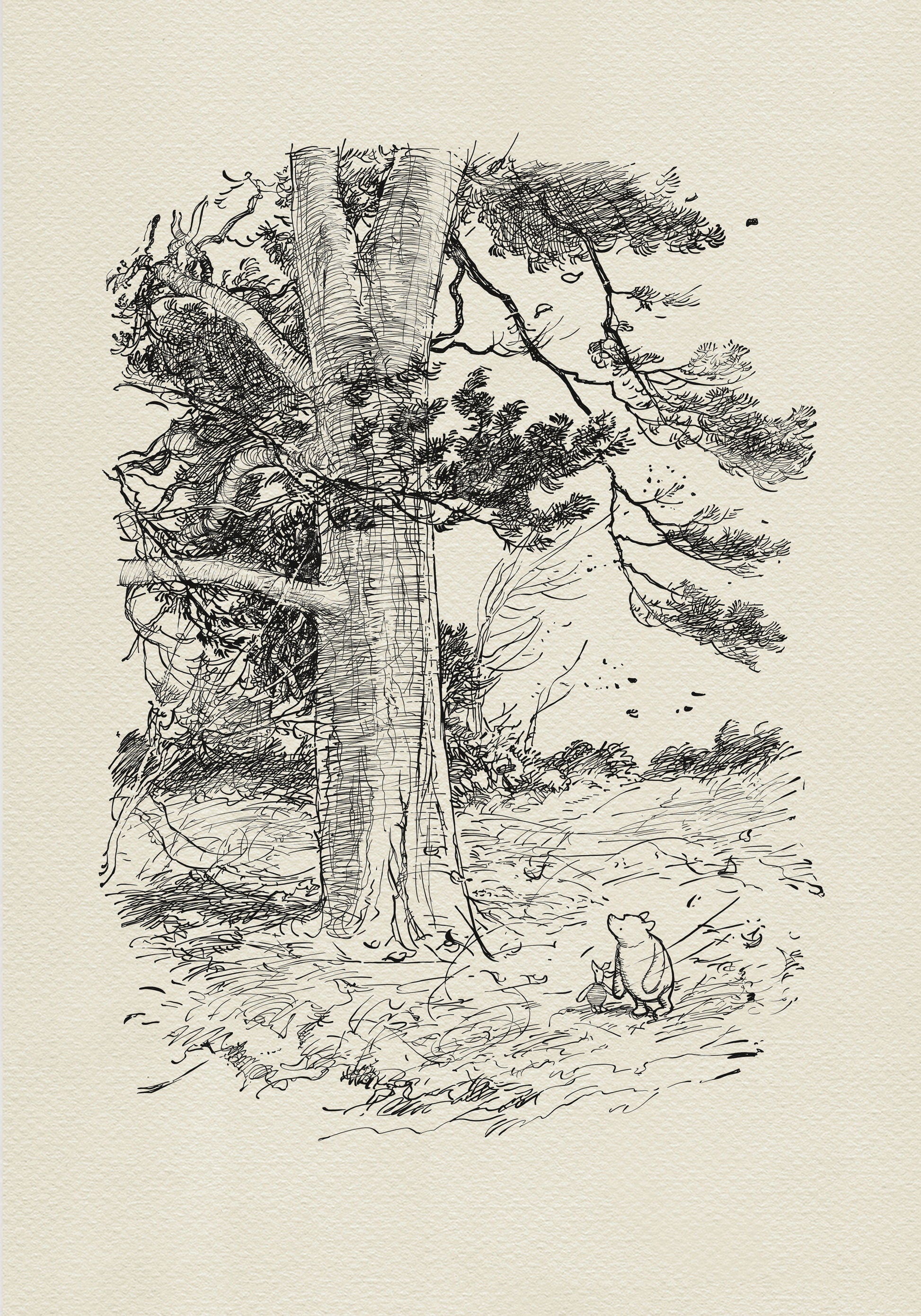 A black and white line drawing of Winnie the Pooh and Piglet standing in front of a large tree. The tree has many branches and leaves. The background is a light beige color.