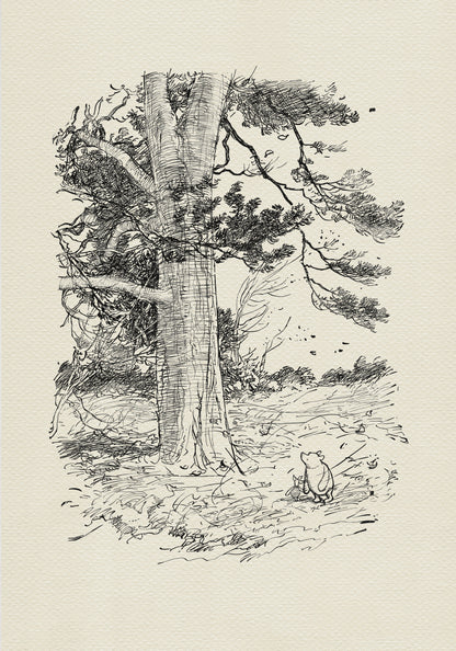 A black and white line drawing of Winnie the Pooh and Piglet standing in front of a large tree. The tree has many branches and leaves. The background is a light beige color.