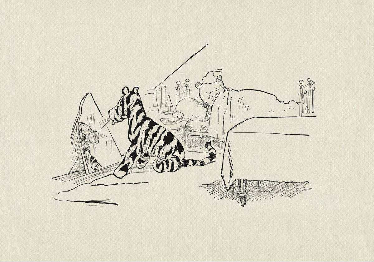 A black-and-white line drawing of Winnie the Pooh and Tigger. Tigger sits in front of a mirror, and Winnie the Pooh lies in bed, covered with a blanket. To the right of Tigger is a table covered with a tablecloth. The background is a light beige vintage color.