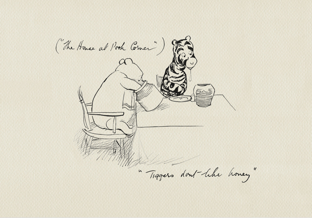 A black and white line drawing of Pooh and Tigger sitting at a table. A pot of honey sits on the table. Pooh is holding a second pot of honey. The added text reads: Tiggers don't like honey.