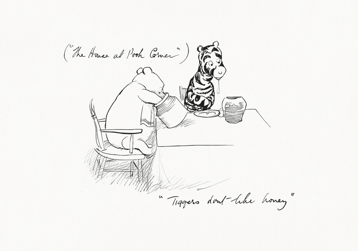 A black and white line drawing of Pooh and Tigger sitting at a table. A pot of honey sits on the table. Pooh is holding a second pot of honey. The added text reads: Tiggers don't like honey.